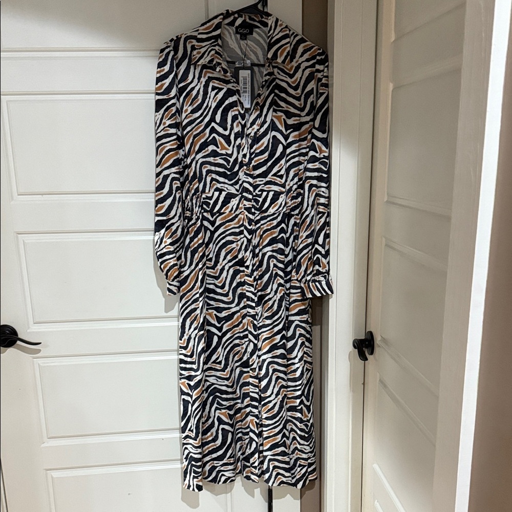 Long Sleeve Zebra-Print Midi Dress in Black, White & Tan